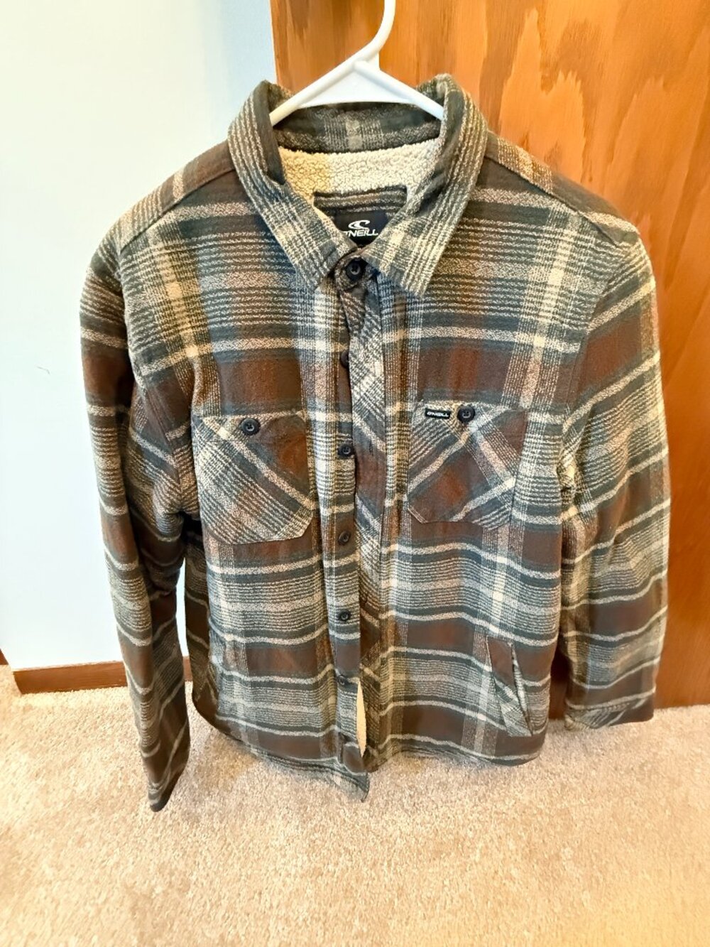 O'Neill Men’s Sherpa Lined Plaid Flannel Jacket Medium Brown Green